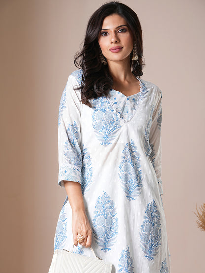 Ethnic Floral Printed A-Line Kurta with Palazzo - White