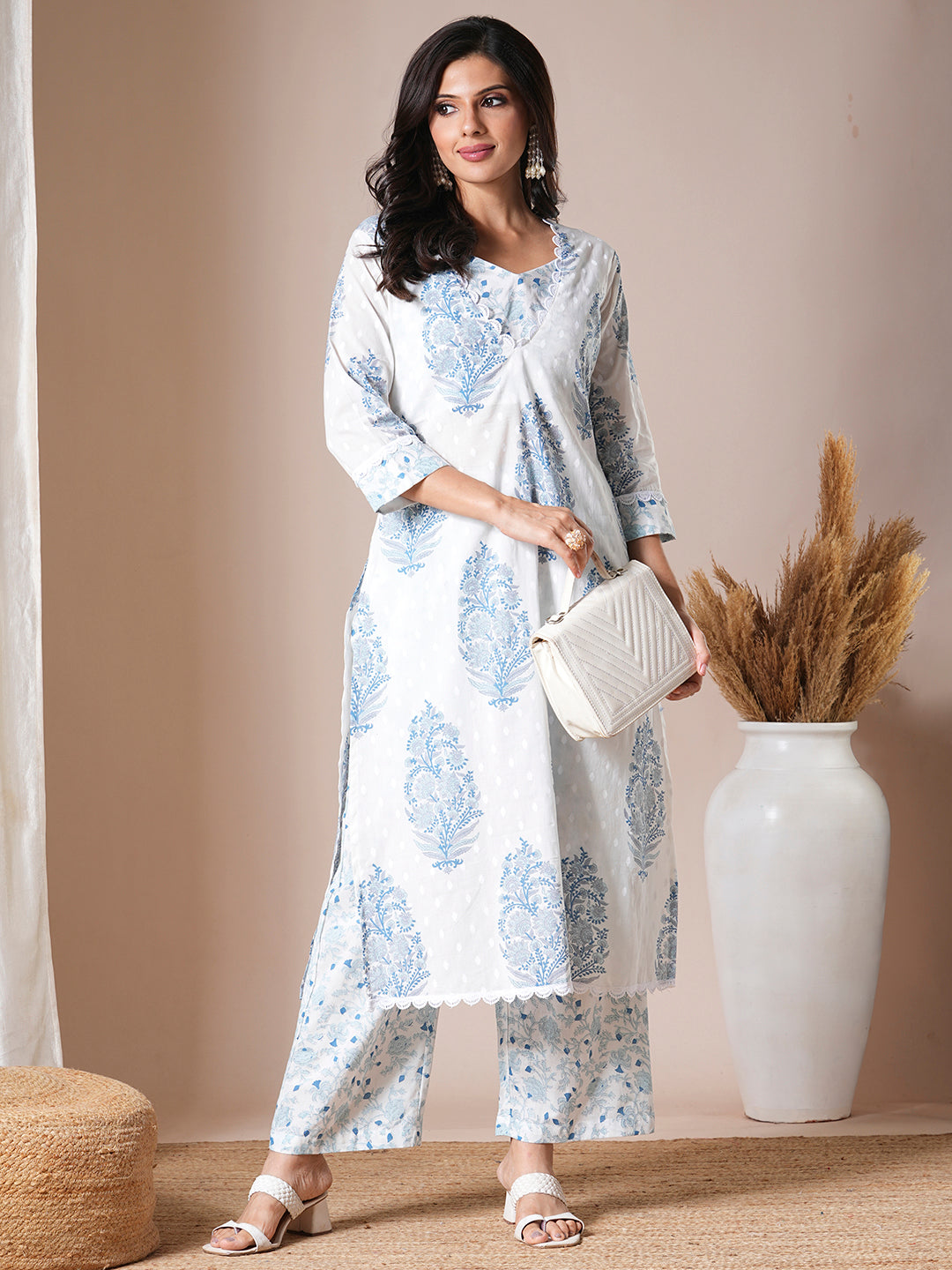 Ethnic Floral Printed A-Line Kurta with Palazzo - White