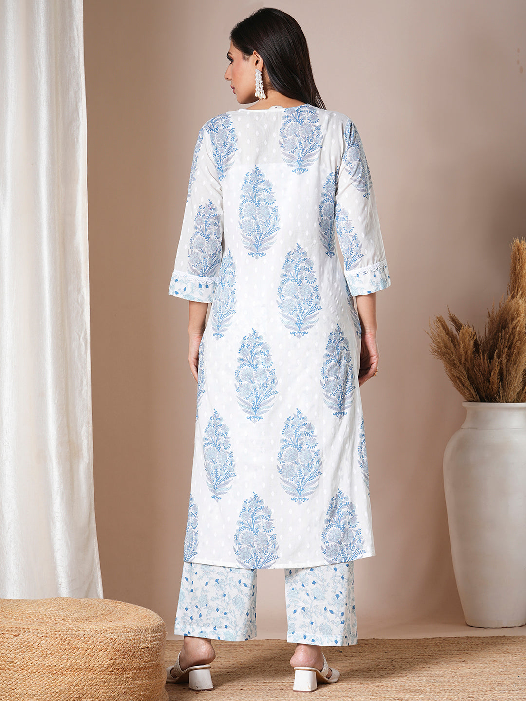 Ethnic Floral Printed A-Line Kurta with Palazzo - White