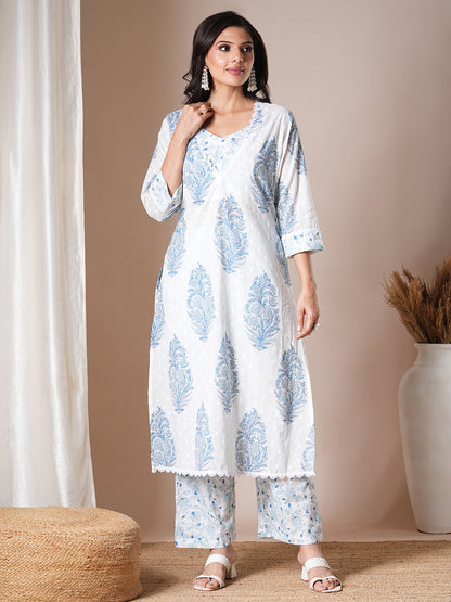 Ethnic Floral Printed A-Line Kurta with Palazzo - White