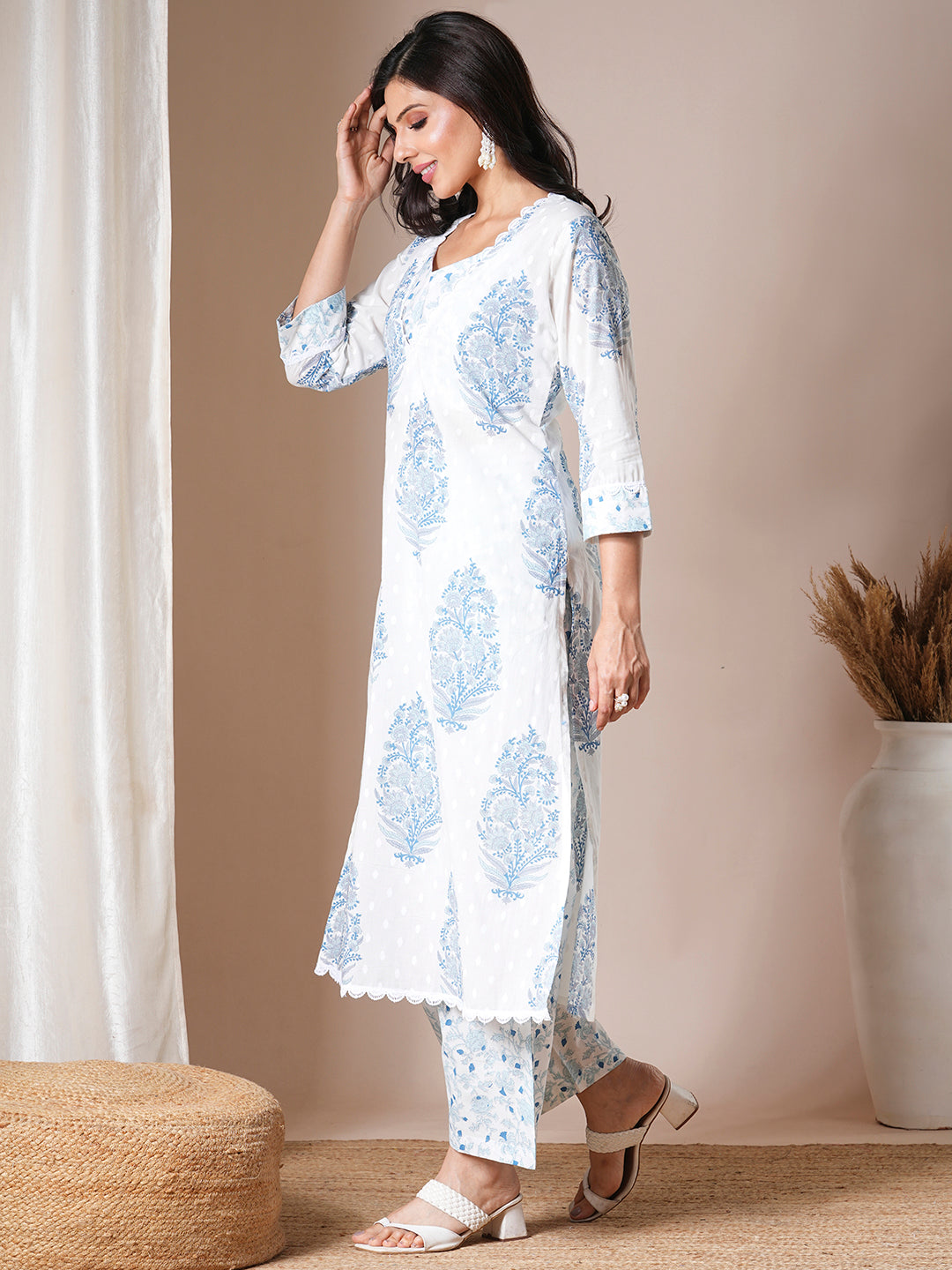 Ethnic Floral Printed A-Line Kurta with Palazzo - White