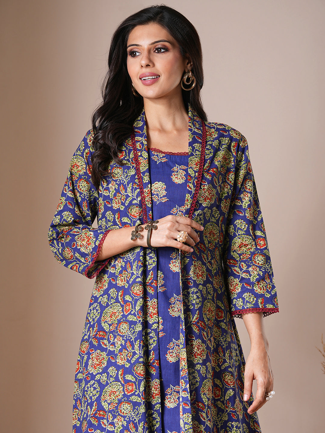 Ethnic Floral Printed Straight Kurta with A-Line Jacket - Blue