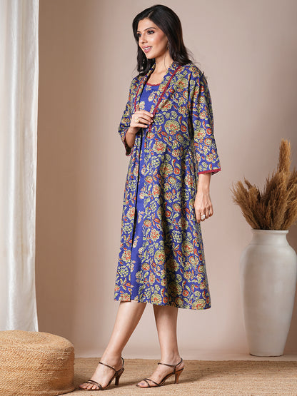 Ethnic Floral Printed Straight Kurta with A-Line Jacket - Blue