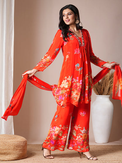 Abstract Floral Printed & Embroidered A-Line Paneled Kurta with Palazzo & Dupatta - Orange