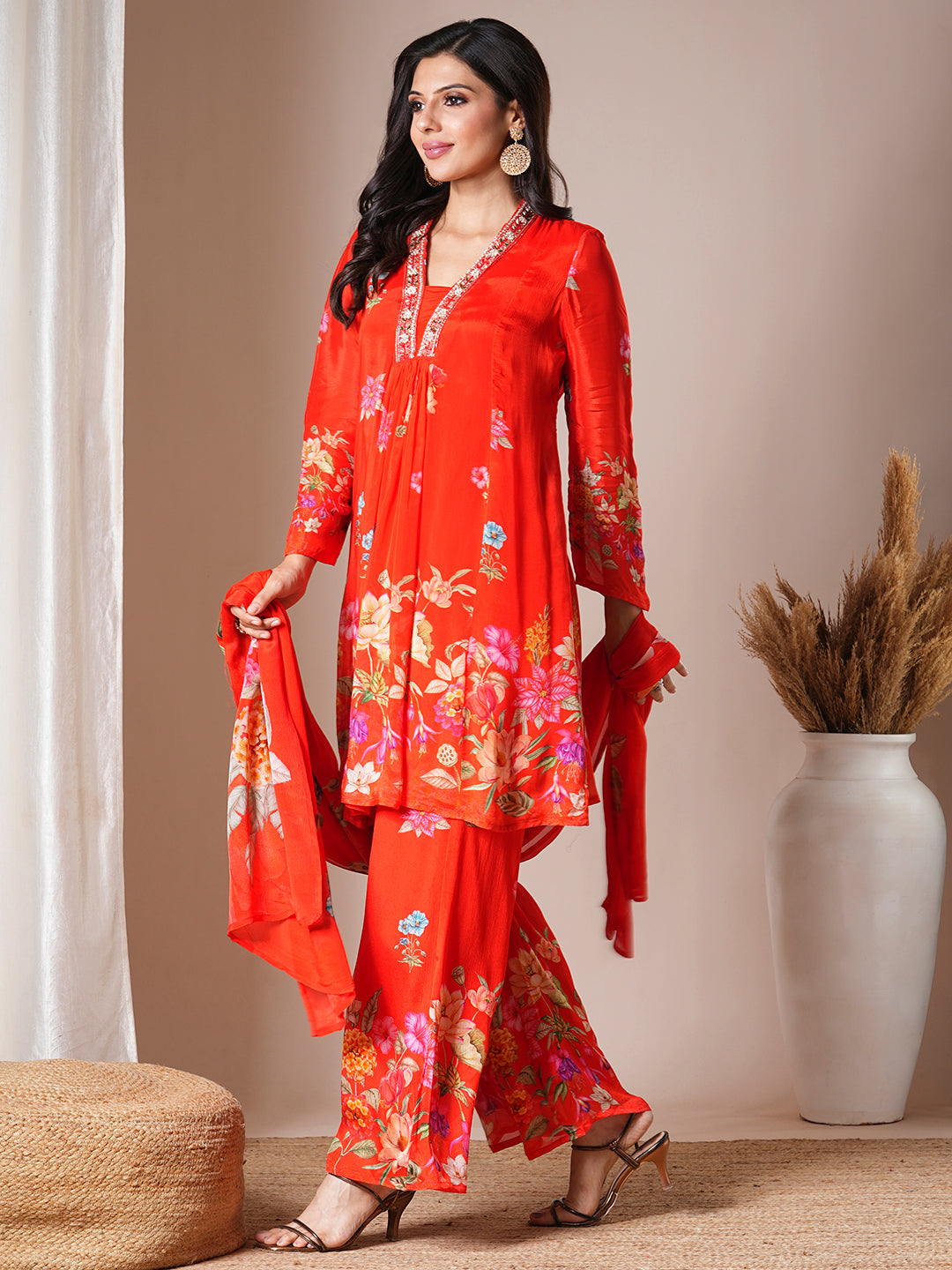 Abstract Floral Printed & Embroidered A-Line Paneled Kurta with Palazzo & Dupatta - Orange