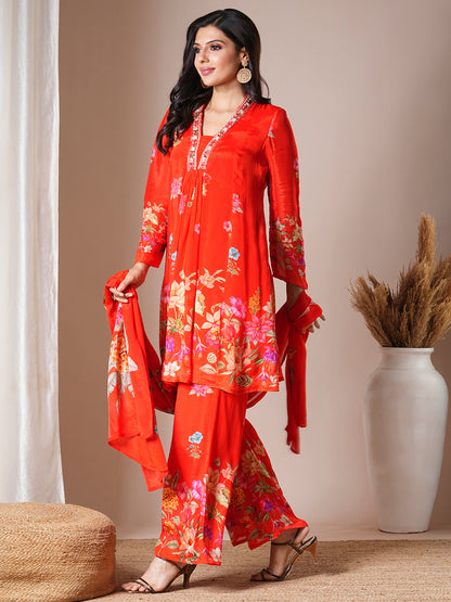 Abstract Floral Printed & Embroidered A-Line Paneled Kurta with Palazzo & Dupatta - Orange