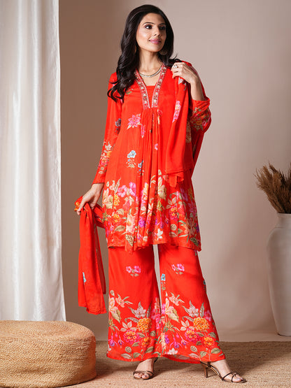 Abstract Floral Printed & Embroidered A-Line Paneled Kurta with Palazzo & Dupatta - Orange