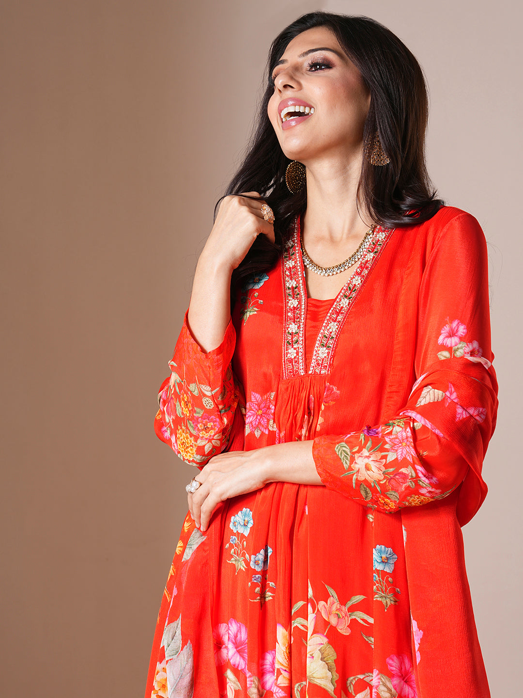 Abstract Floral Printed & Embroidered A-Line Paneled Kurta with Palazzo & Dupatta - Orange