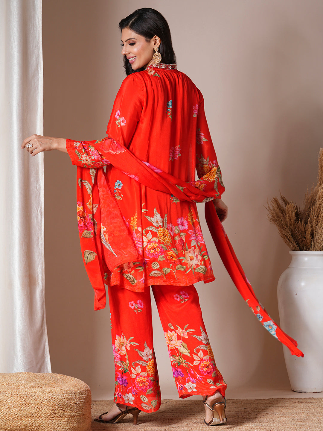 Abstract Floral Printed & Embroidered A-Line Paneled Kurta with Palazzo & Dupatta - Orange