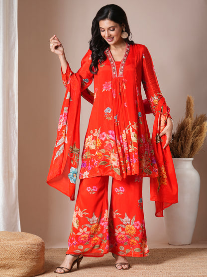 Abstract Floral Printed & Embroidered A-Line Paneled Kurta with Palazzo & Dupatta - Orange