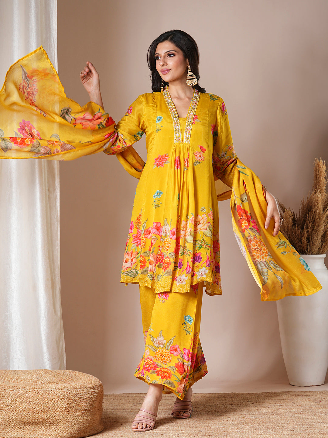 Abstract Floral Printed & Embroidered A-Line Paneled Kurta with Palazzo & Dupatta - Yellow