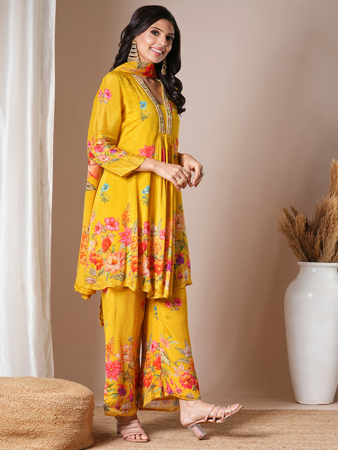 Abstract Floral Printed & Embroidered A-Line Paneled Kurta with Palazzo & Dupatta - Yellow