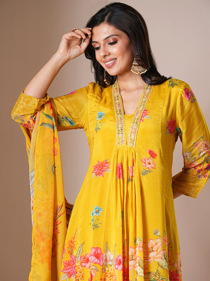 Abstract Floral Printed & Embroidered A-Line Paneled Kurta with Palazzo & Dupatta - Yellow