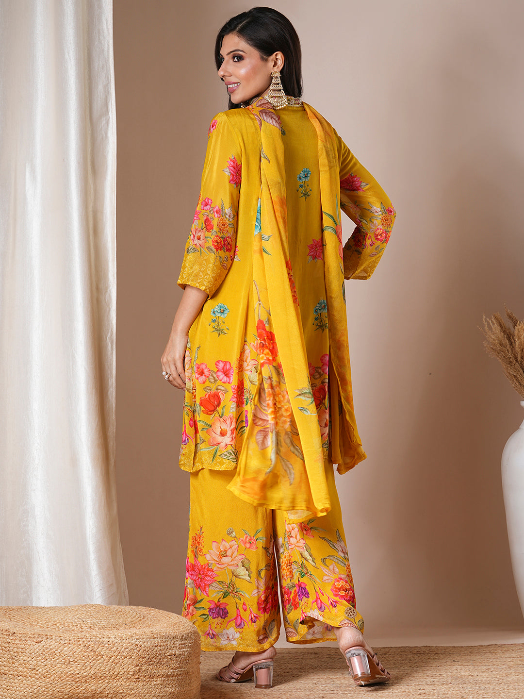 Abstract Floral Printed & Embroidered A-Line Paneled Kurta with Palazzo & Dupatta - Yellow