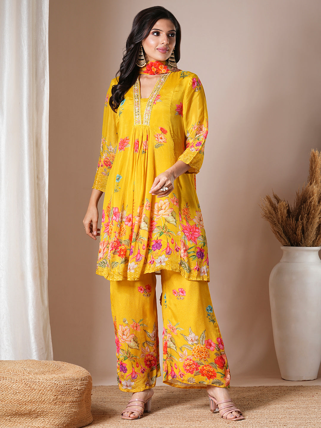 Abstract Floral Printed & Embroidered A-Line Paneled Kurta with Palazzo & Dupatta - Yellow