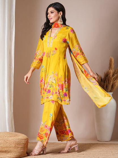 Abstract Floral Printed & Embroidered A-Line Paneled Kurta with Palazzo & Dupatta - Yellow