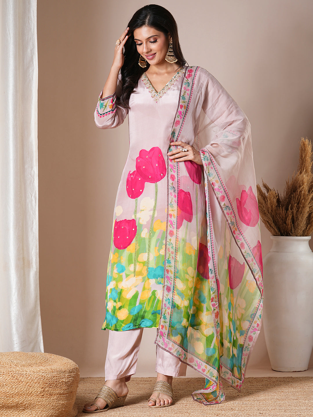 Abstract Floral Printed & Hand Embroidered Straight Kurta with Pant & Dupatta - Cream