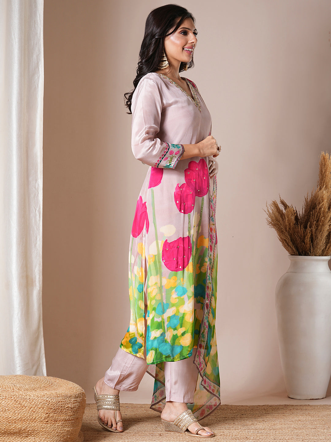 Abstract Floral Printed & Hand Embroidered Straight Kurta with Pant & Dupatta - Cream