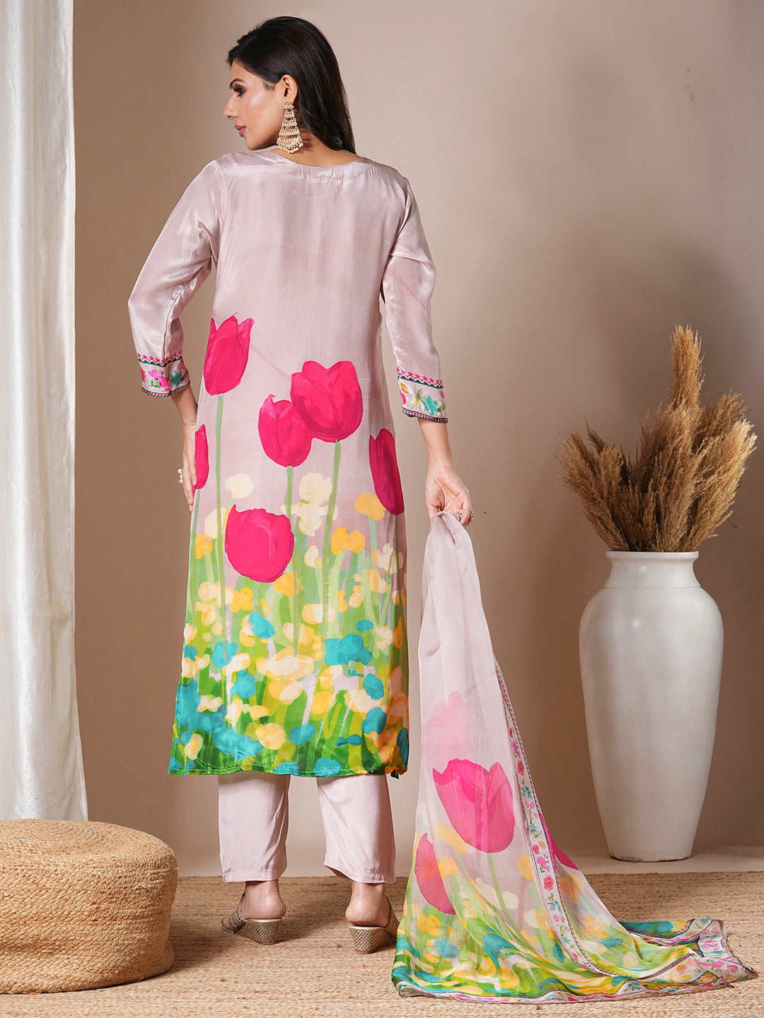 Abstract Floral Printed & Hand Embroidered Straight Kurta with Pant & Dupatta - Cream