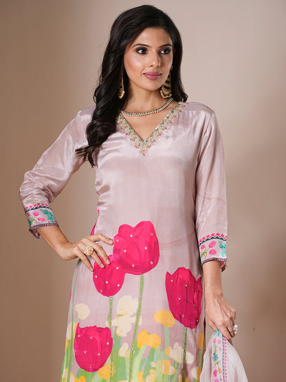 Abstract Floral Printed & Hand Embroidered Straight Kurta with Pant & Dupatta - Cream