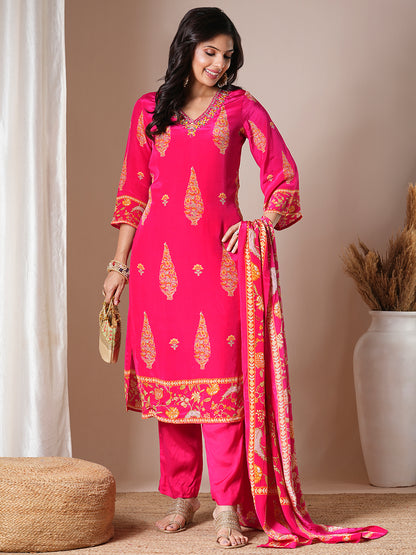 Ethnic Floral Printed & Embroidered Straight Kurta with Pant & Dupatta - Pink