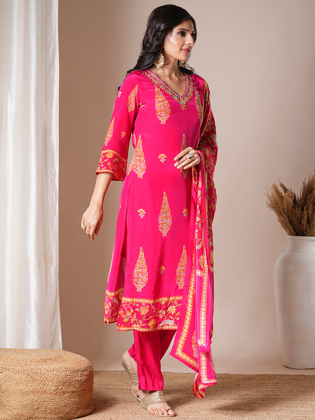 Ethnic Floral Printed & Embroidered Straight Kurta with Pant & Dupatta - Pink