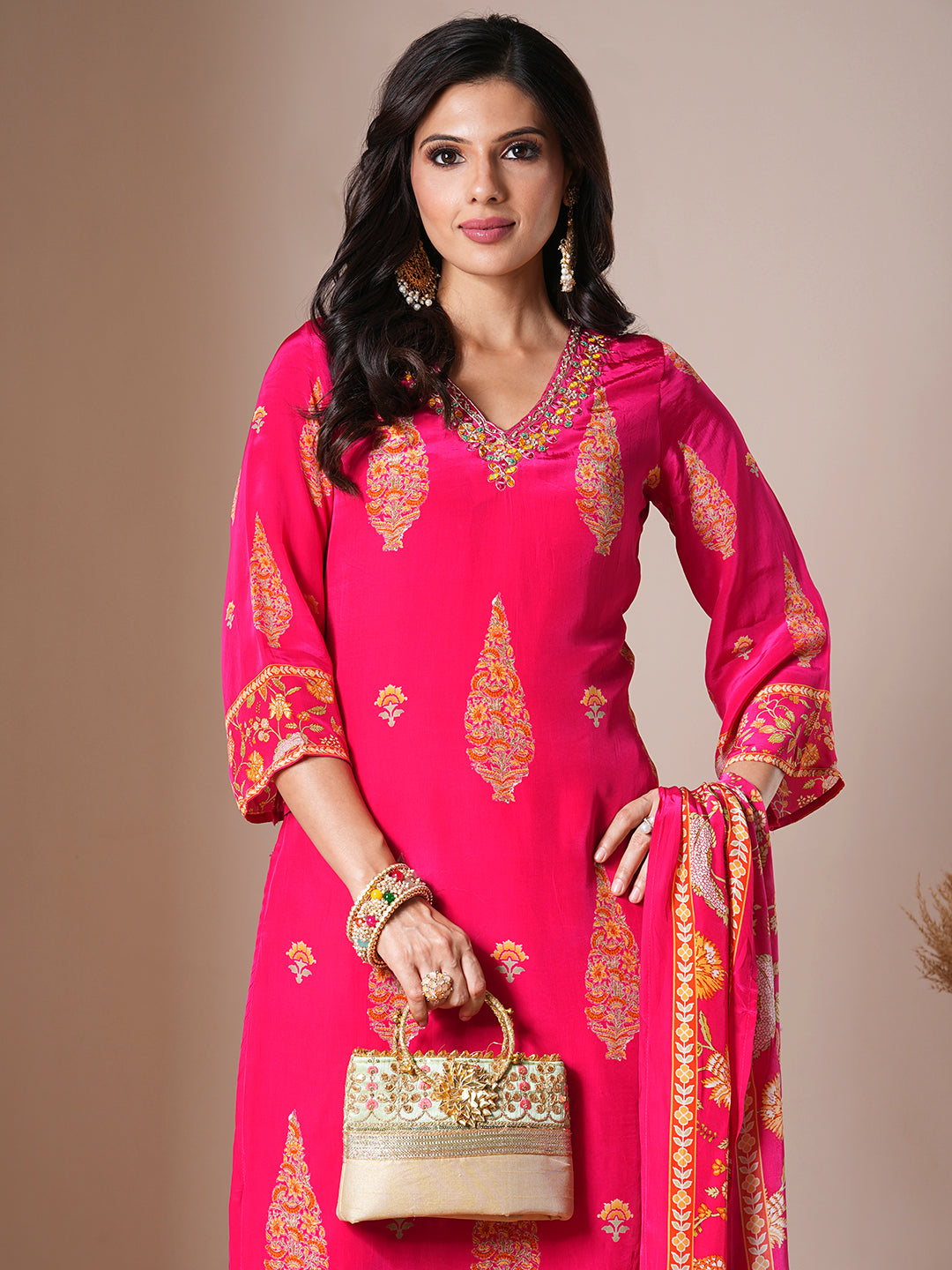 Ethnic Floral Printed & Embroidered Straight Kurta with Pant & Dupatta - Pink