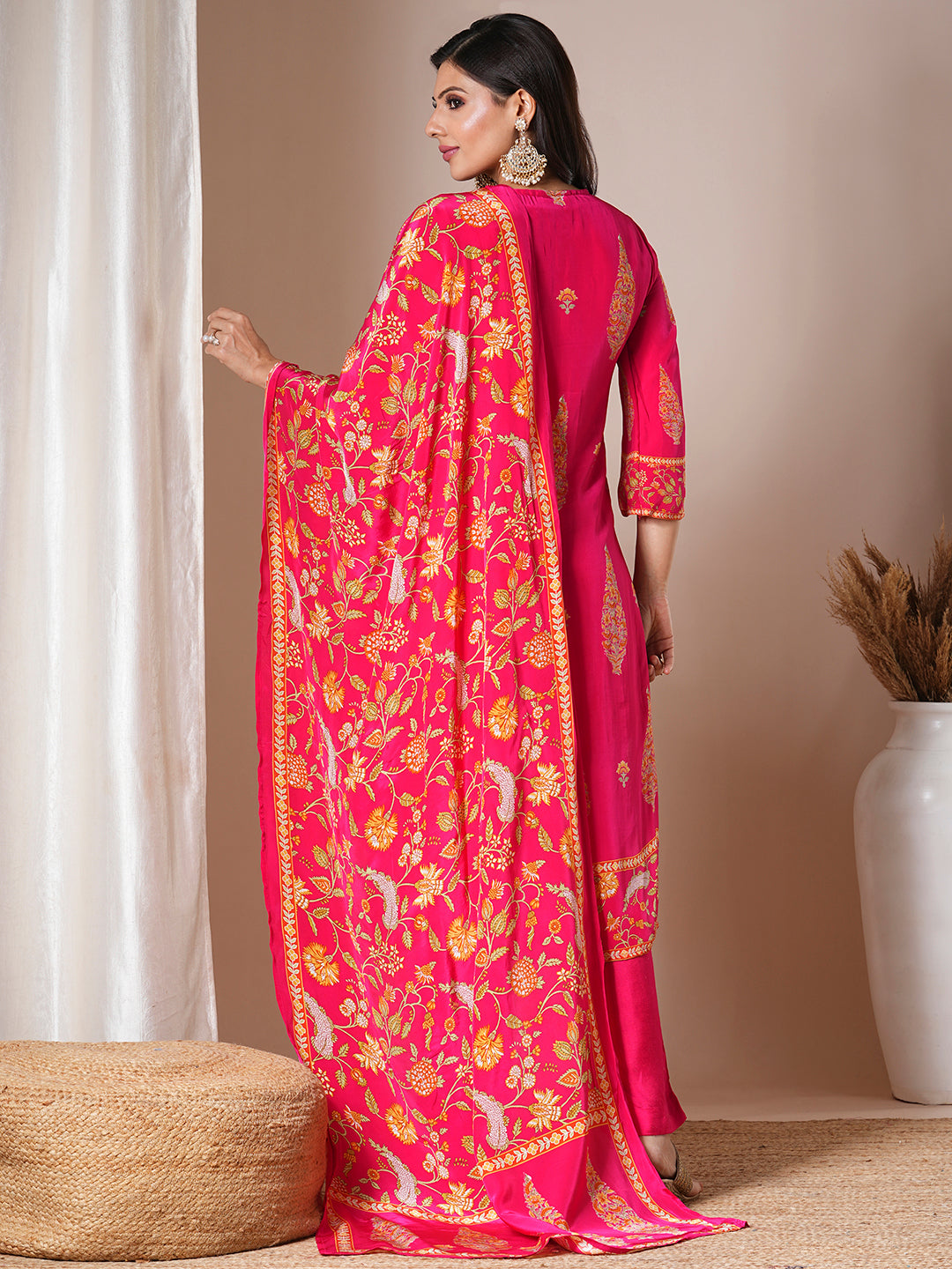 Ethnic Floral Printed & Embroidered Straight Kurta with Pant & Dupatta - Pink