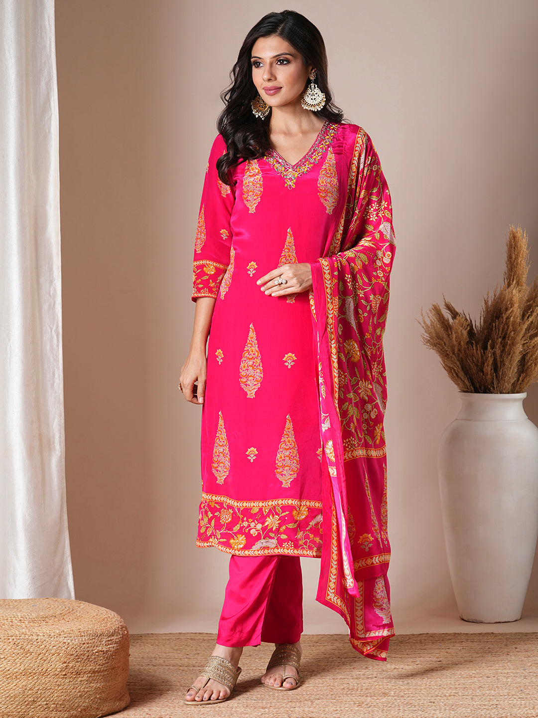 Ethnic Floral Printed & Embroidered Straight Kurta with Pant & Dupatta - Pink