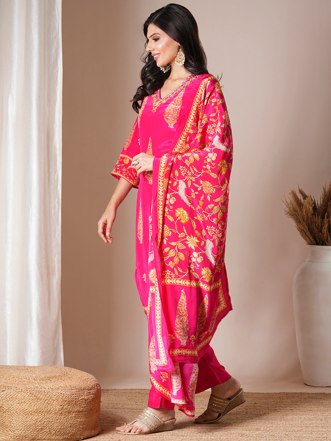 Ethnic Floral Printed & Embroidered Straight Kurta with Pant & Dupatta - Pink