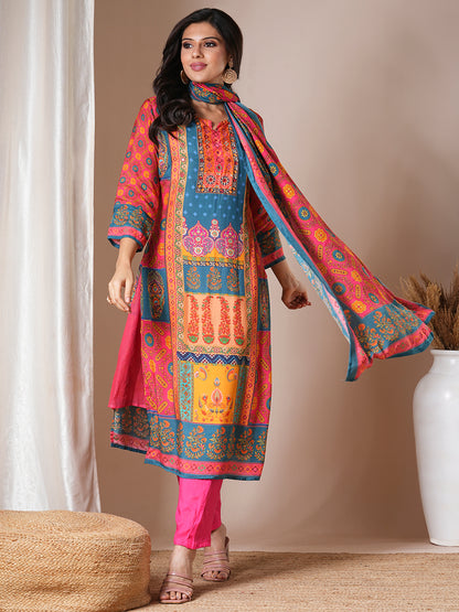 Ethnic Printed & Embroidered Straight Kurta with Pant & Dupatta - Multi