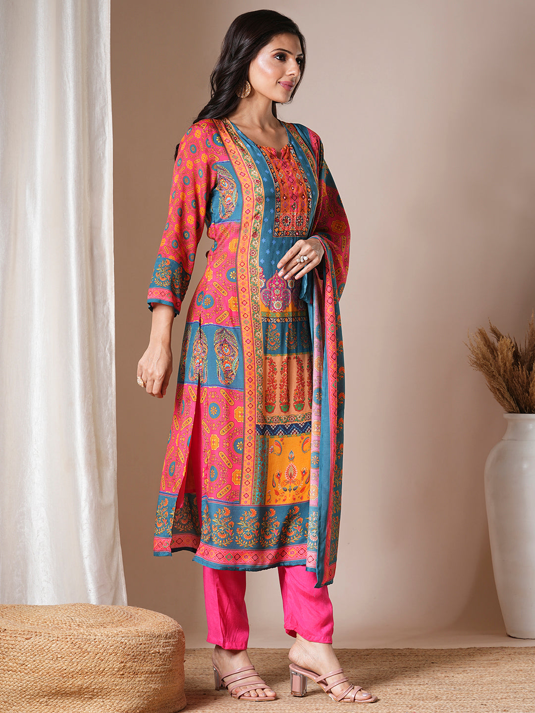 Ethnic Printed & Embroidered Straight Kurta with Pant & Dupatta - Multi