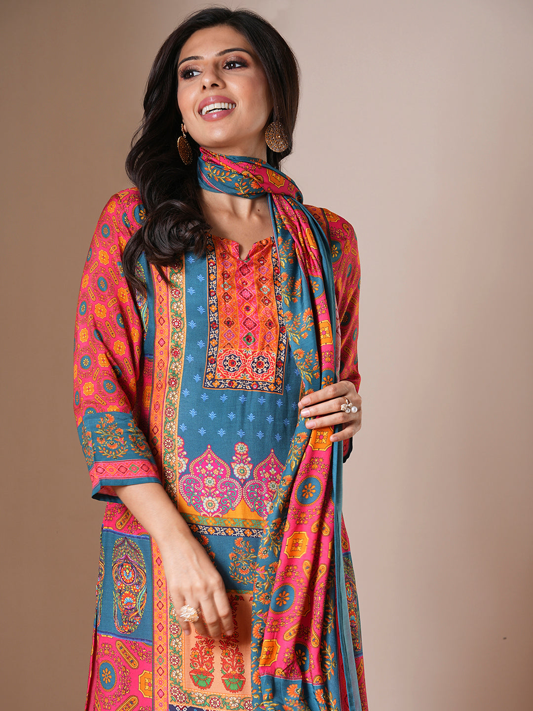 Ethnic Printed & Embroidered Straight Kurta with Pant & Dupatta - Multi