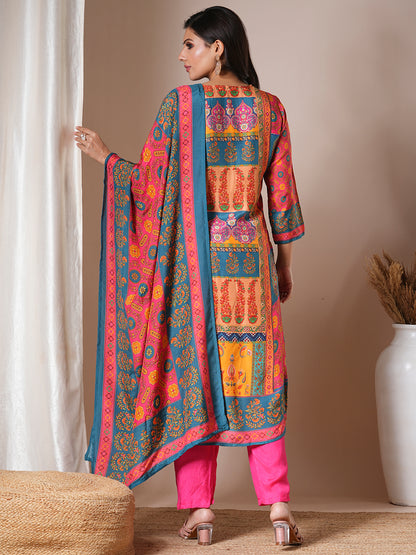 Ethnic Printed & Embroidered Straight Kurta with Pant & Dupatta - Multi