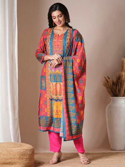 Ethnic Printed & Embroidered Straight Kurta with Pant & Dupatta - Multi