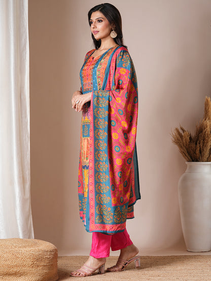 Ethnic Printed & Embroidered Straight Kurta with Pant & Dupatta - Multi