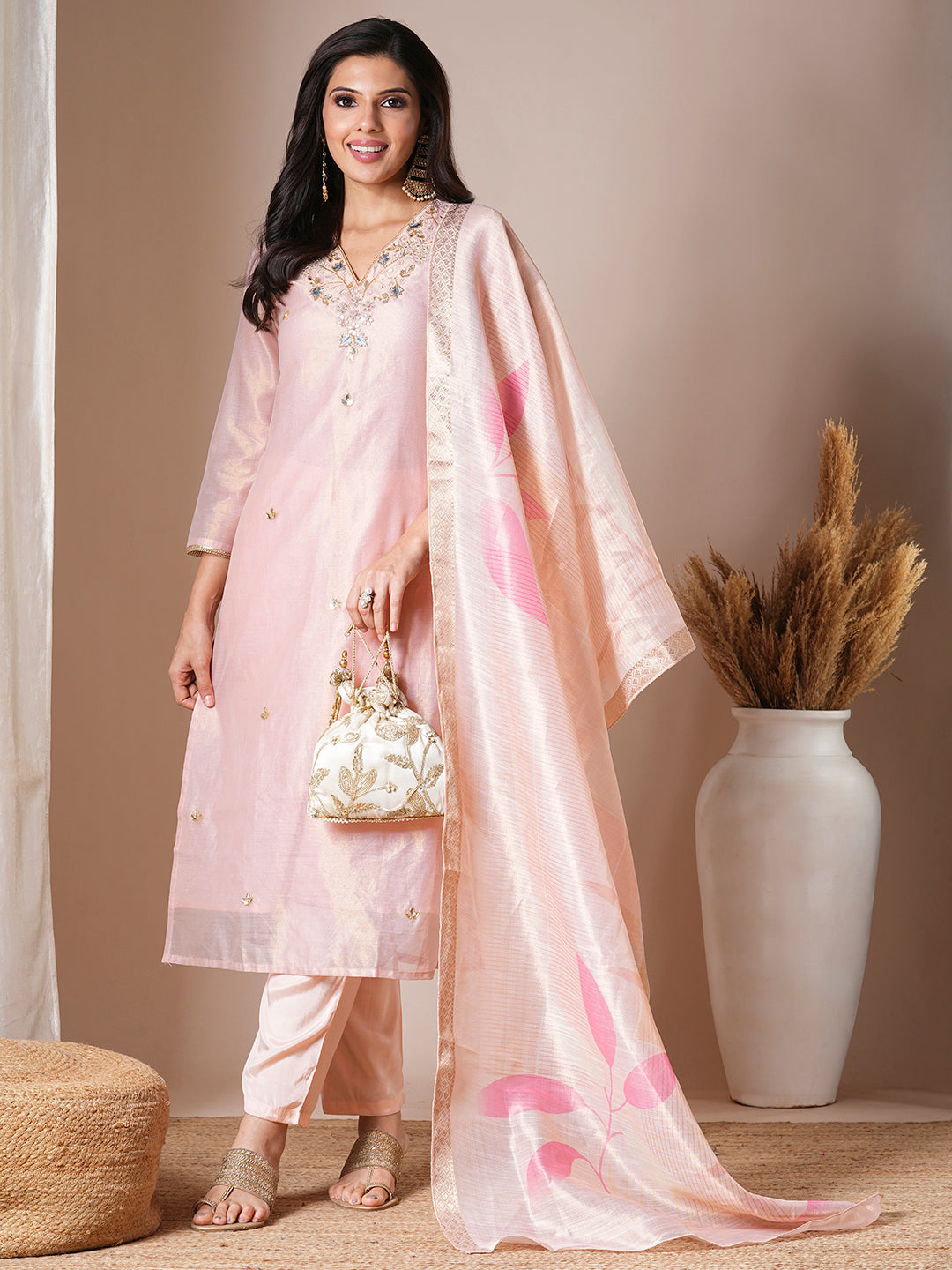 Floral Sequins & Cutdana Embroidered Kurta with Pants & Dupatta - Pink