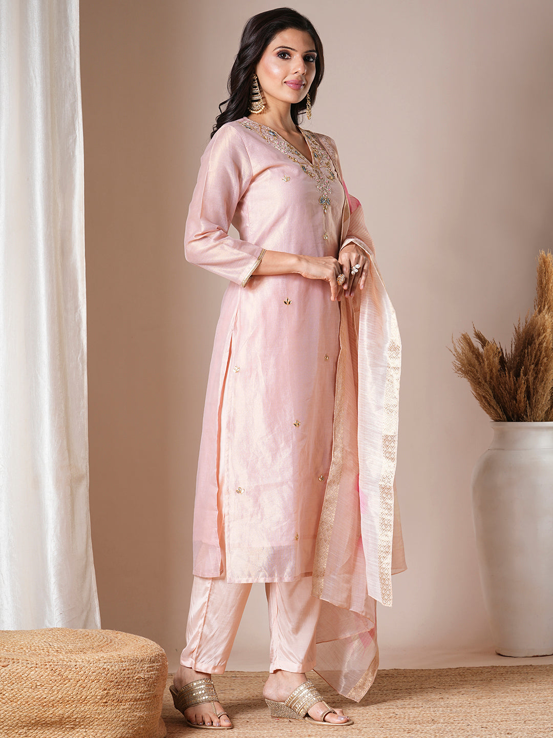 Floral Sequins & Cutdana Embroidered Kurta with Pants & Dupatta - Pink