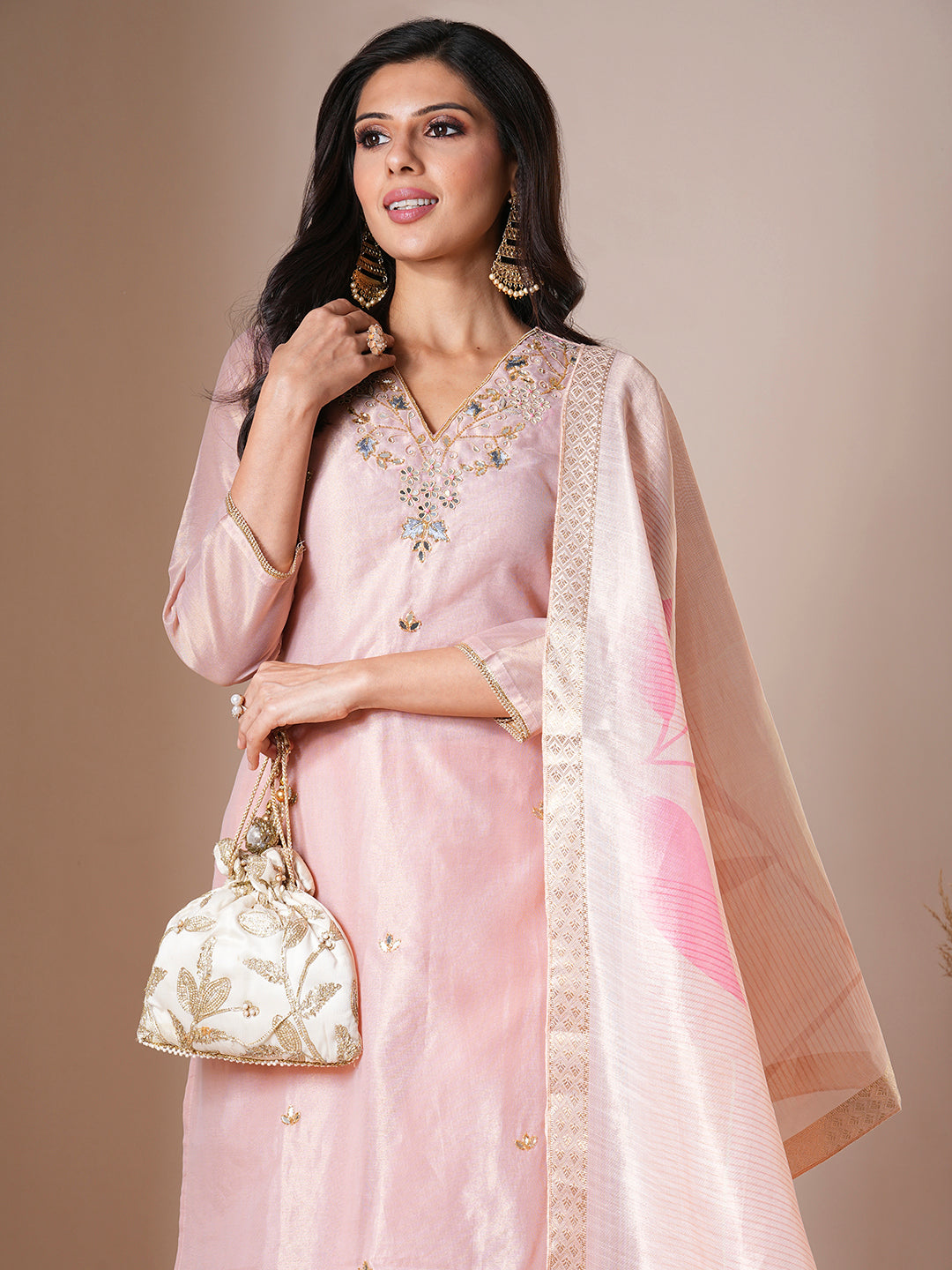 Floral Sequins & Cutdana Embroidered Kurta with Pants & Dupatta - Pink