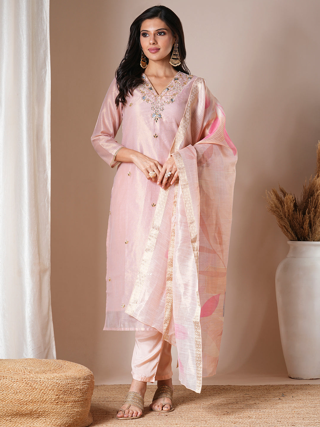 Floral Sequins & Cutdana Embroidered Kurta with Pants & Dupatta - Pink