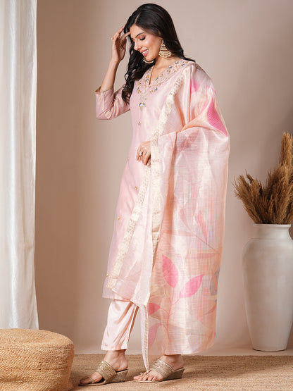 Floral Sequins & Cutdana Embroidered Kurta with Pants & Dupatta - Pink