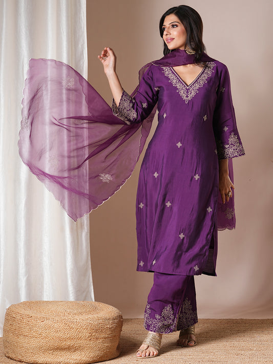 Solid Floral Embroidered Straight Fit Kurta with Palazzo & Dupatta - Purple