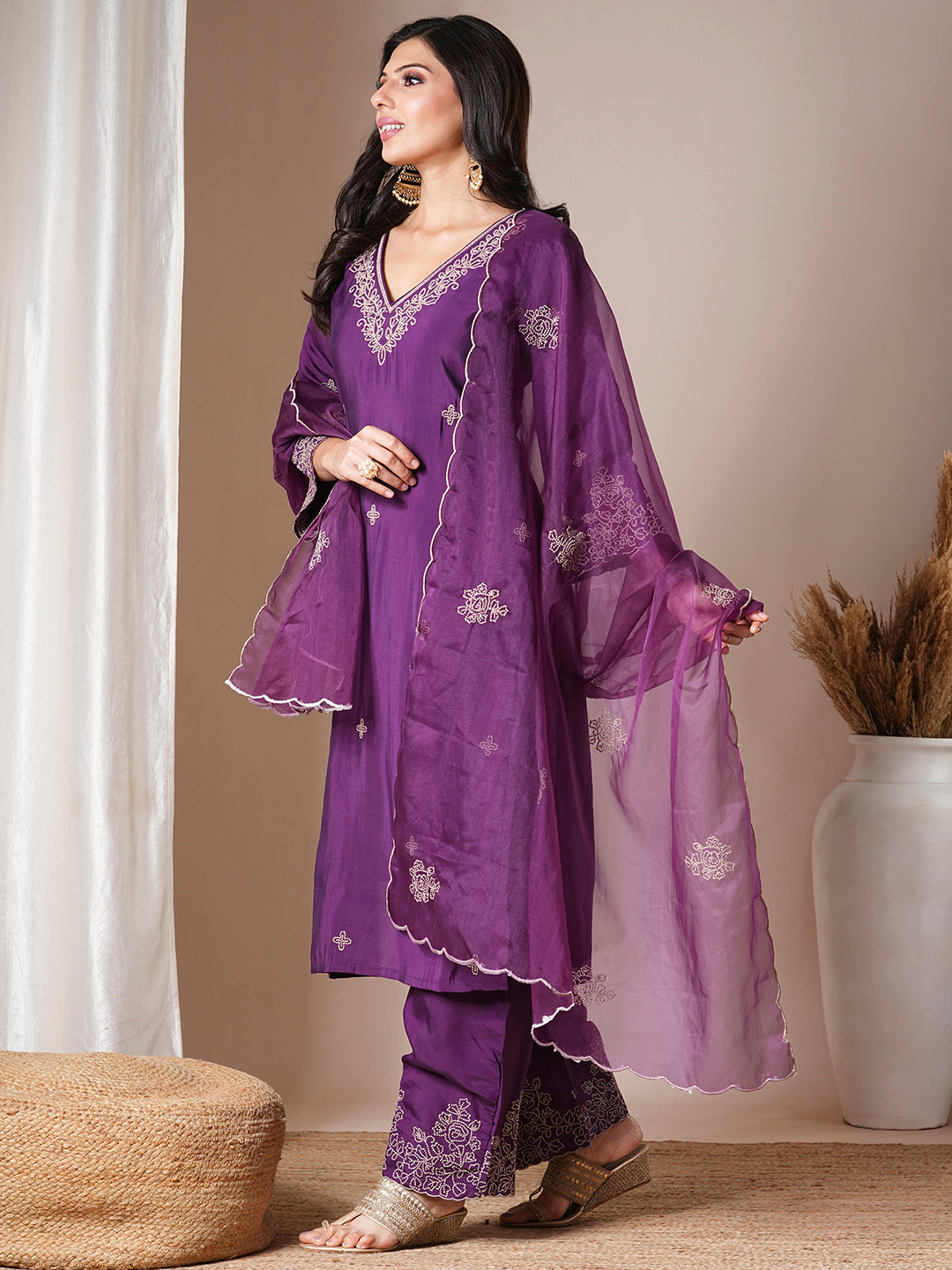 Solid Floral Embroidered Straight Fit Kurta with Palazzo & Dupatta - Purple