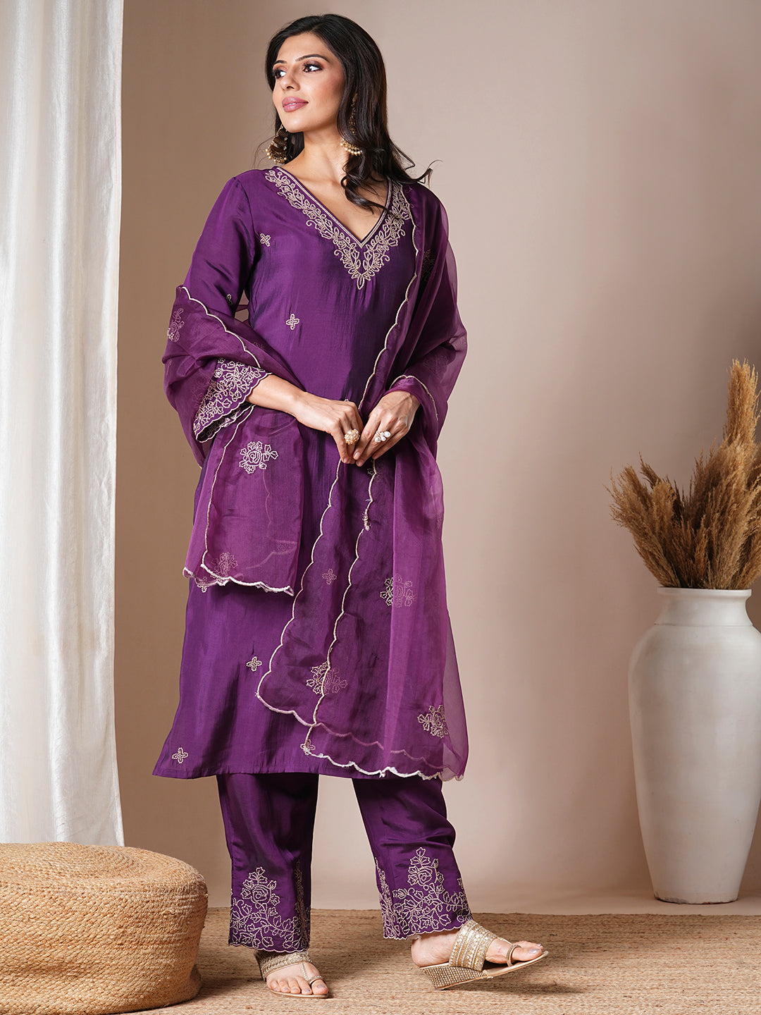 Solid Floral Embroidered Straight Fit Kurta with Palazzo & Dupatta - Purple