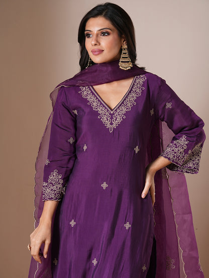 Solid Floral Embroidered Straight Fit Kurta with Palazzo & Dupatta - Purple