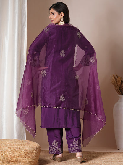 Solid Floral Embroidered Straight Fit Kurta with Palazzo & Dupatta - Purple