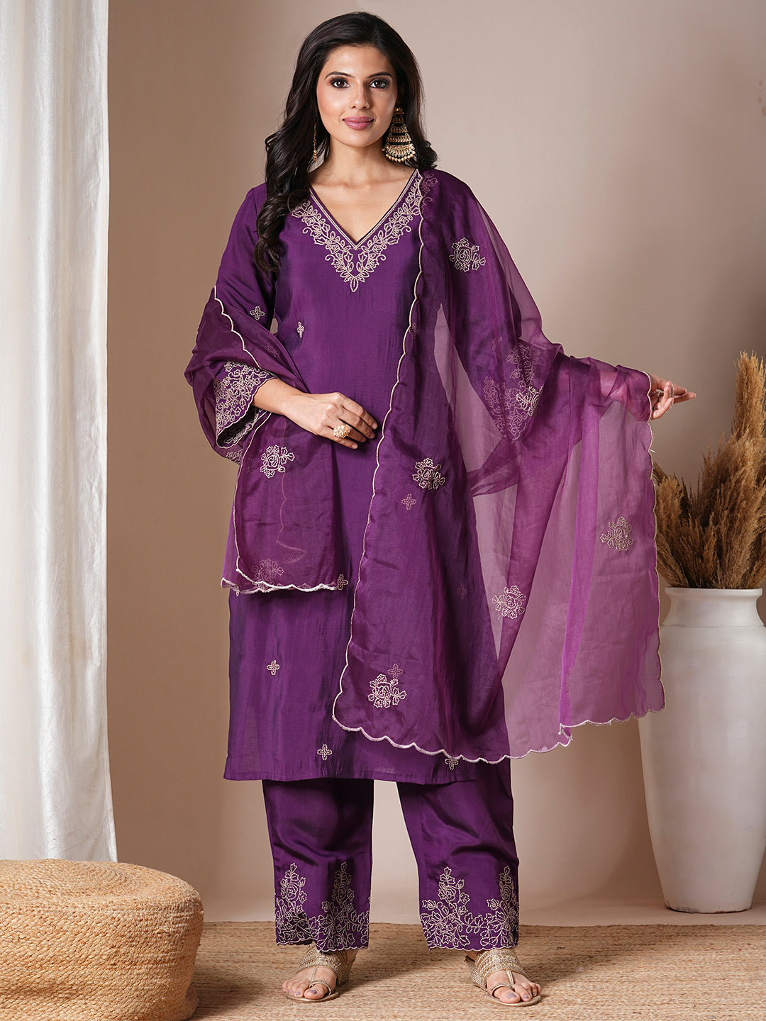 Solid Floral Embroidered Straight Fit Kurta with Palazzo & Dupatta - Purple