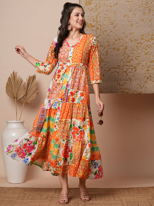 Ethnic Floral Printed A-Line Pleated Tiered Maxi Dress - Multi