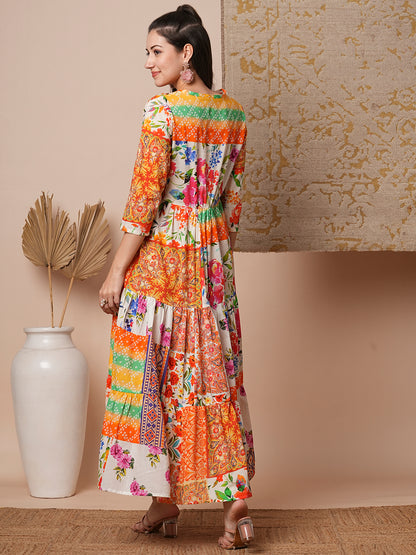 Ethnic Floral Printed A-Line Pleated Tiered Maxi Dress - Multi