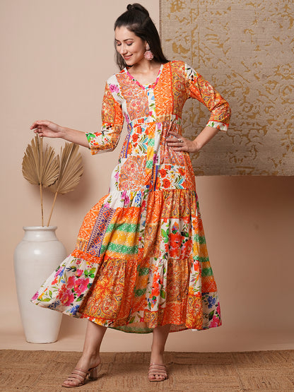 Ethnic Floral Printed A-Line Pleated Tiered Maxi Dress - Multi